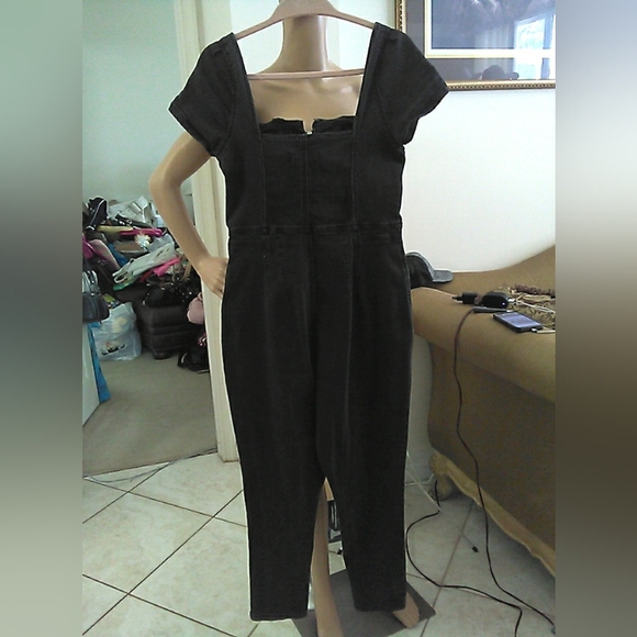 WE THE FREE Chic Black Denim Jumpsuit Front Zipper PKTS.STRETCHY SZ. LG 🔥🔥🔥🔥 - Picture 11 of 14